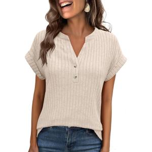 imageANRABESS Womens Short Sleeve Henley Shirts V Neck Summer Sweaters 2026 Spring Business Tunic Tops Dressy Casual Work BlousesLight Khaki