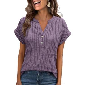imageANRABESS Womens Short Sleeve Henley Shirts V Neck Summer Sweaters 2026 Spring Business Tunic Tops Dressy Casual Work BlousesPurple