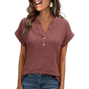 imageANRABESS Womens Short Sleeve Henley Shirts V Neck Summer Sweaters 2026 Spring Business Tunic Tops Dressy Casual Work BlousesRust Orange