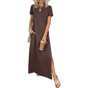 imageANRABESS Womens Summer Casual Maxi Dress Short Sleeve Crewneck Loose Split WrinkleFree Beach Travel Vacation Long SundressBrown
