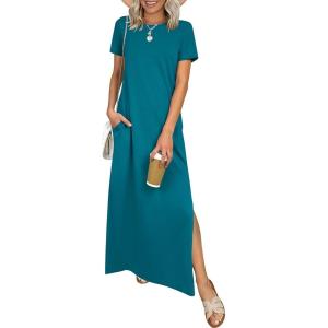 imageANRABESS Womens Summer Casual Maxi Dress Short Sleeve Crewneck Loose Split WrinkleFree Beach Travel Vacation Long SundressLake Blue