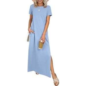 imageANRABESS Womens Summer Casual Maxi Dress Short Sleeve Crewneck Loose Split WrinkleFree Beach Travel Vacation Long SundressLight Blue