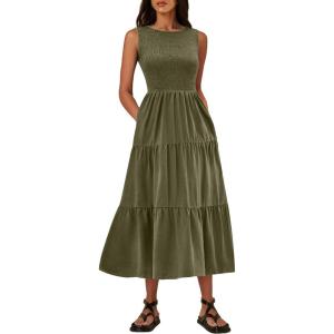 imageANRABESS Womens Summer Casual Maxi Dress Sleeveless Crewneck Smocked 2026 Flowy Plaid Tiered Boho A Line Beach Long SundressArmy Green