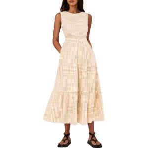imageANRABESS Womens Summer Casual Maxi Dress Sleeveless Crewneck Smocked 2026 Flowy Plaid Tiered Boho A Line Beach Long SundressBeige Plaid