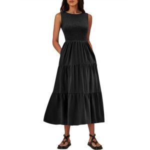 imageANRABESS Womens Summer Casual Maxi Dress Sleeveless Crewneck Smocked 2026 Flowy Plaid Tiered Boho A Line Beach Long SundressBlack