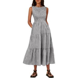 imageANRABESS Womens Summer Casual Maxi Dress Sleeveless Crewneck Smocked 2026 Flowy Plaid Tiered Boho A Line Beach Long SundressBlack Plaid