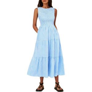 imageANRABESS Womens Summer Casual Maxi Dress Sleeveless Crewneck Smocked 2026 Flowy Plaid Tiered Boho A Line Beach Long SundressBlue Plaid