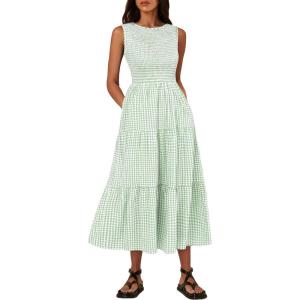 imageANRABESS Womens Summer Casual Maxi Dress Sleeveless Crewneck Smocked 2026 Flowy Plaid Tiered Boho A Line Beach Long SundressGreen Plaid