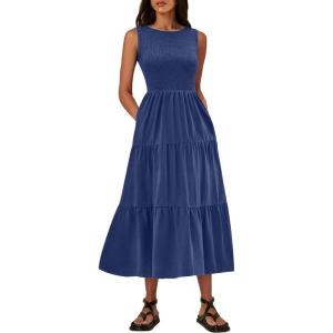 imageANRABESS Womens Summer Casual Maxi Dress Sleeveless Crewneck Smocked 2026 Flowy Plaid Tiered Boho A Line Beach Long SundressNavy Blue