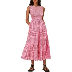 imageANRABESS Womens Summer Casual Maxi Dress Sleeveless Crewneck Smocked 2026 Flowy Plaid Tiered Boho A Line Beach Long SundressRed Plaid