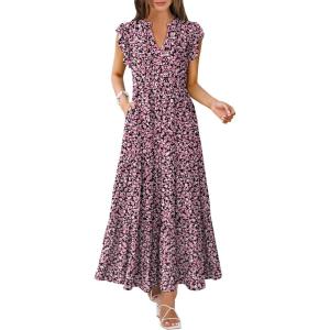 imageANRABESS Womens Summer Casual Maxi Dress V Neck Ruffle Sleeve Long Dresses Fashion Flowy Tiered Boho Beach Vacation SundressFloral Black Pink