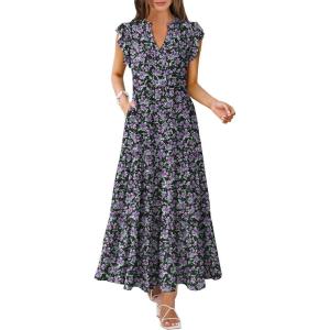 imageANRABESS Womens Summer Casual Maxi Dress V Neck Ruffle Sleeve Long Dresses Fashion Flowy Tiered Boho Beach Vacation SundressFloral Black Purple