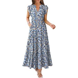 imageANRABESS Womens Summer Casual Maxi Dress V Neck Ruffle Sleeve Long Dresses Fashion Flowy Tiered Boho Beach Vacation SundressFloral Blue Yellow