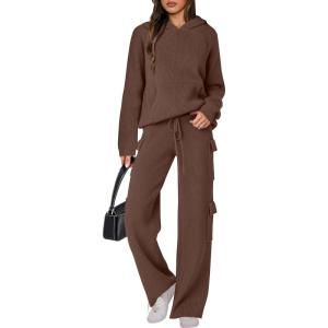 imageANRABESS Womens Two Piece Outfits Casual Knit Hooded Sweater Straight Leg Pants Set 2025 Fall Lounge Travel ClothesDeep Brown