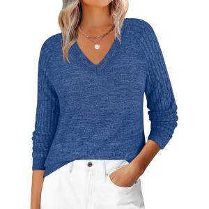 imageANRABESS Womens V Neck Ribbed Long Sleeve 2025 Fall Lightweight Soft Sweaters TopBlue