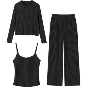 imageANRABESS Women 3 Piece Lounge Pajama Sets Knit Crop Cardigan Cami Top Wide Leg Pants 2025 Fall Outfits Comfy Matching ClothesBlack