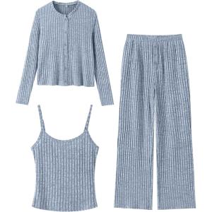 imageANRABESS Women 3 Piece Lounge Pajama Sets Knit Crop Cardigan Cami Top Wide Leg Pants 2025 Fall Outfits Comfy Matching ClothesBlue