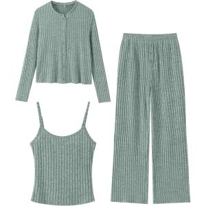imageANRABESS Women 3 Piece Lounge Pajama Sets Knit Crop Cardigan Cami Top Wide Leg Pants 2025 Fall Outfits Comfy Matching ClothesGreen