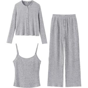 imageANRABESS Women 3 Piece Lounge Pajama Sets Knit Crop Cardigan Cami Top Wide Leg Pants 2025 Fall Outfits Comfy Matching ClothesGrey