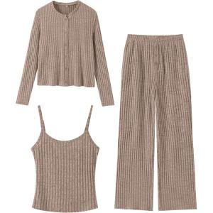 imageANRABESS Women 3 Piece Lounge Pajama Sets Knit Crop Cardigan Cami Top Wide Leg Pants 2025 Fall Outfits Comfy Matching ClothesTan