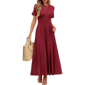imageANRABESS Womens Summer Casual Dress Short Sleeve Crewneck Pleated Waisted Swing Flowy 2025 A Line Beach Maxi Long DressesBurgundy