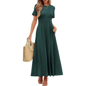 imageANRABESS Womens Summer Casual Dress Short Sleeve Crewneck Pleated Waisted Swing Flowy 2025 A Line Beach Maxi Long DressesDark Green