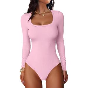 imageANRABESS Women Scoop Neck Bodysuits Long Sleeve Tops 2025 Fall Slim Fit Ribbed Knit Sexy Soft Basic Shirts Fashion OutfitsBright Pink