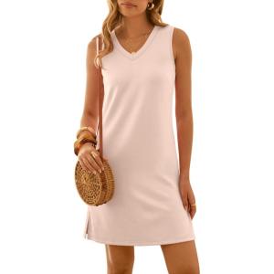 imageANRABESS Womens Summer Casual Beach Mini Dress 2026 Sleeveless V Neck Loose Split WrinkleFree Travel Vacation Short SundressApricot
