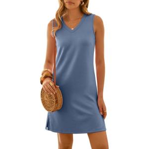 imageANRABESS Womens Summer Casual Beach Mini Dress 2026 Sleeveless V Neck Loose Split WrinkleFree Travel Vacation Short SundressGrey Blue