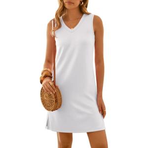 imageANRABESS Womens Summer Casual Beach Mini Dress 2026 Sleeveless V Neck Loose Split WrinkleFree Travel Vacation Short SundressWhite