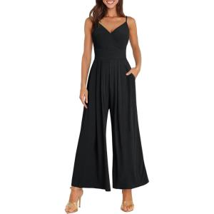 imageANRABESS Jumpsuits for Women 2026 Summer Dressy Spaghetti Strap Ribbed V Neck Wide Leg Overalls Flowy Romper Jumpers OutfitsBlack