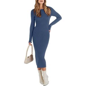 imageANRABESS Women Long Sleeve Sweater Dress Crewneck Bodycon Stretch Slim Fit Ribbed Knit Midi Dresses 2025 Fall Trendy OutfitsDusty Blue