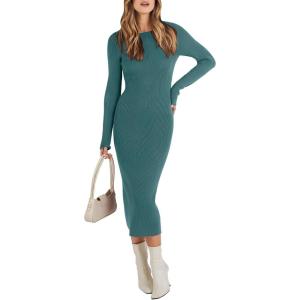 imageANRABESS Women Long Sleeve Sweater Dress Crewneck Bodycon Stretch Slim Fit Ribbed Knit Midi Dresses 2025 Fall Trendy OutfitsGreen Blue