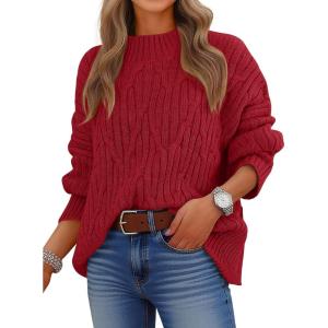 imageANRABESS Womens Mock Turtle Neck Sweaters Cable Knit Long Sleeve 2026 Fall Winter Tunic SweaterRed