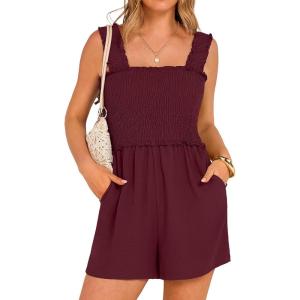imageANRABESS Womens Rompers Summer Casual Smocked Square Neck Sleeveless Loose Shorts Jumpsuit 2026 Beach Vacation ClothesWine Red