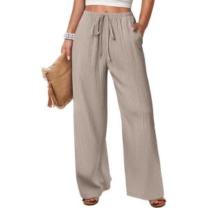 imageANRABESS Womens Wide Leg Beach Pants Elastic Waist Lightweight Casual Flowy Palazzo Lounge Trousers with PocketsBeige