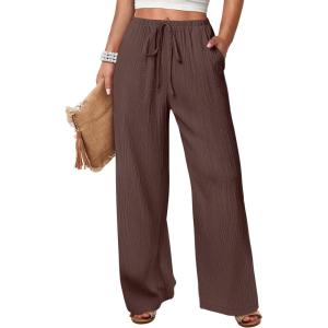 imageANRABESS Womens Wide Leg Beach Pants Elastic Waist Lightweight Casual Flowy Palazzo Lounge Trousers with PocketsBrown