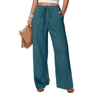 imageANRABESS Womens Wide Leg Beach Pants Elastic Waist Lightweight Casual Flowy Palazzo Lounge Trousers with PocketsLake Blue
