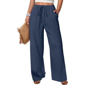 imageANRABESS Womens Wide Leg Beach Pants Elastic Waist Lightweight Casual Flowy Palazzo Lounge Trousers with PocketsNavy Blue