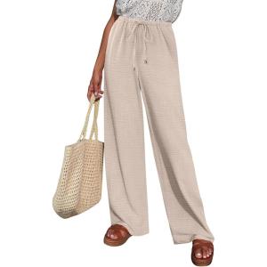 imageABRABESS Womens Palazzo Pants Wide Leg Flowy Drawstring High Waisted Casual Trousers 2026 Summer Beach Vacation ClothesParchment