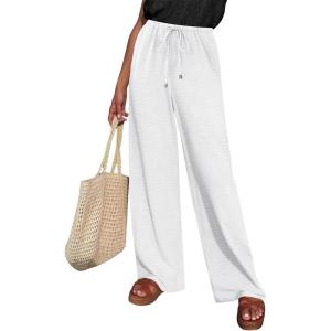 imageABRABESS Womens Palazzo Pants Wide Leg Flowy Drawstring High Waisted Casual Trousers 2026 Summer Beach Vacation ClothesWhite