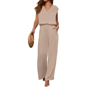 imageANRABESS 2 Piece Sets for Women Lounge Outfits Summer V Neck Cap Sleeve Top Wide Leg Pants Matching Vacation Beach Travel SetApricot