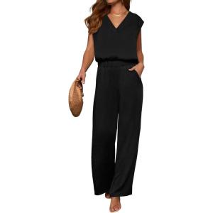 imageANRABESS 2 Piece Sets for Women Lounge Outfits Summer V Neck Cap Sleeve Top Wide Leg Pants Matching Vacation Beach Travel SetBlack