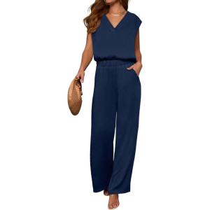 imageANRABESS 2 Piece Sets for Women Lounge Outfits Summer V Neck Cap Sleeve Top Wide Leg Pants Matching Vacation Beach Travel SetNavy Blue