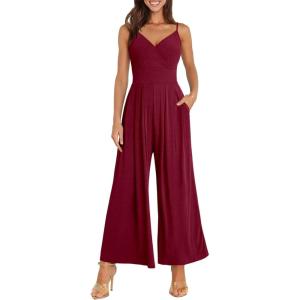 imageANRABESS Jumpsuits for Women 2026 Summer Dressy Spaghetti Strap Ribbed V Neck Wide Leg Overalls Flowy Romper Jumpers OutfitsBurgundy Red