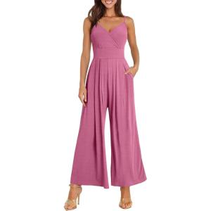 imageANRABESS Jumpsuits for Women 2026 Summer Dressy Spaghetti Strap Ribbed V Neck Wide Leg Overalls Flowy Romper Jumpers OutfitsDusty Pink