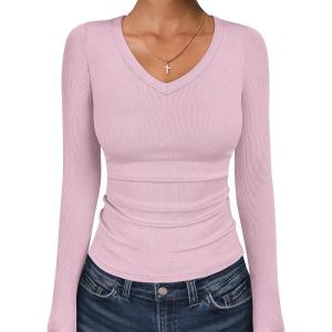 imageANRABESS Long Sleeve Shirts for Women V Neck Ribbed Knit Fitted Fall Basic Tshirts Going Out Tops 2026 Casual Trendy ClothesBright Pink