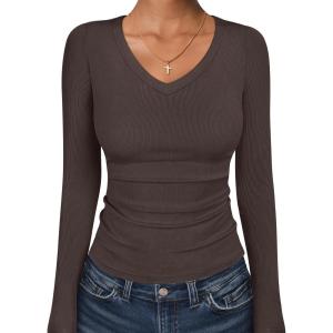 imageANRABESS Long Sleeve Shirts for Women V Neck Ribbed Knit Fitted Fall Basic Tshirts Going Out Tops 2026 Casual Trendy ClothesCoffee