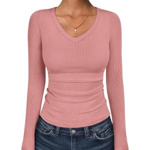 imageANRABESS Long Sleeve Shirts for Women V Neck Ribbed Knit Fitted Fall Basic Tshirts Going Out Tops 2026 Casual Trendy ClothesCoral Pink