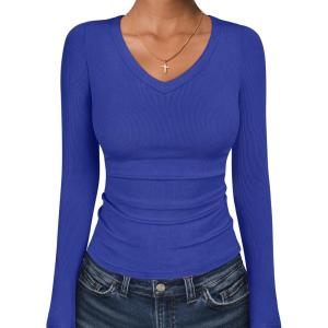 imageANRABESS Long Sleeve Shirts for Women V Neck Ribbed Knit Fitted Fall Basic Tshirts Going Out Tops 2026 Casual Trendy ClothesRoyal Blue